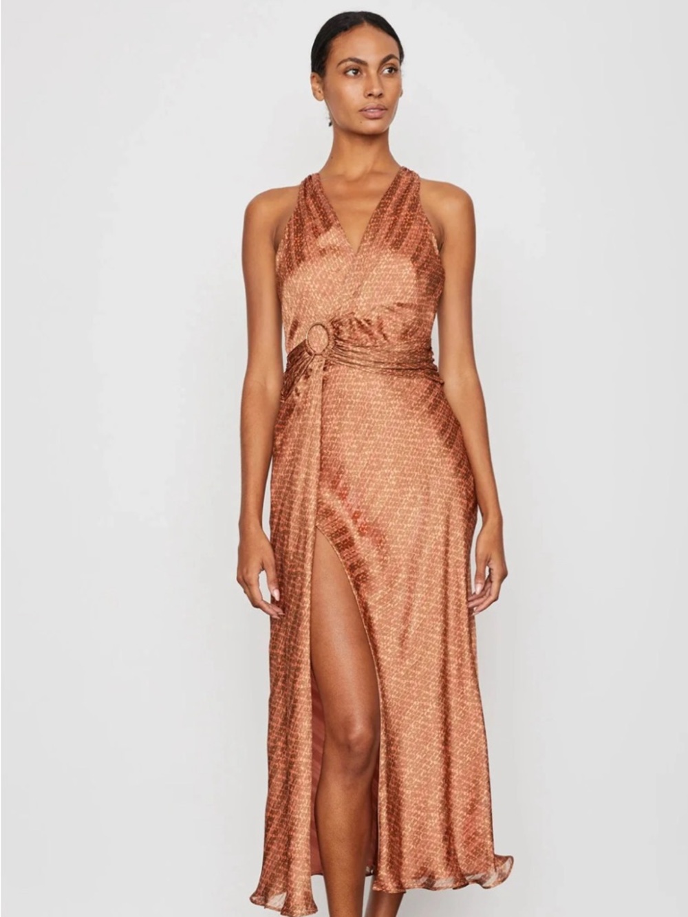 Bailey 44 Copper Satin Halter Wrap Midi Dress with Ring Detail